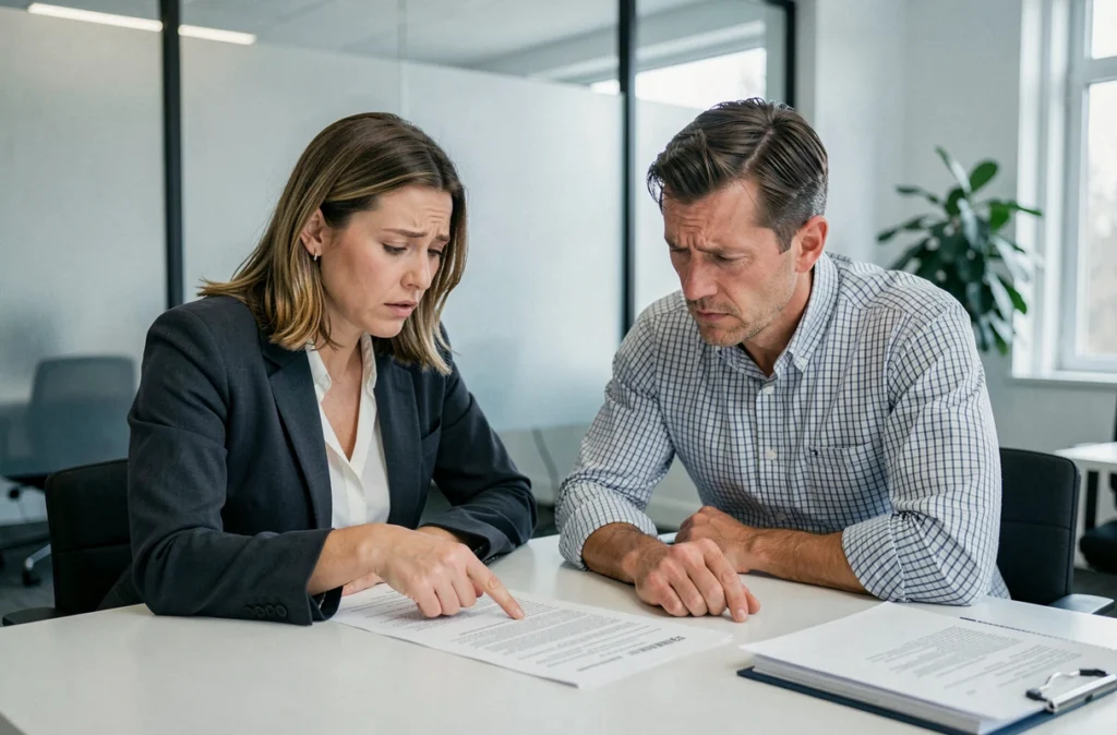 Couple d'acheteurs immobiliers examinant un contrat de vente avec inquiétude après une suspicion de tromperie