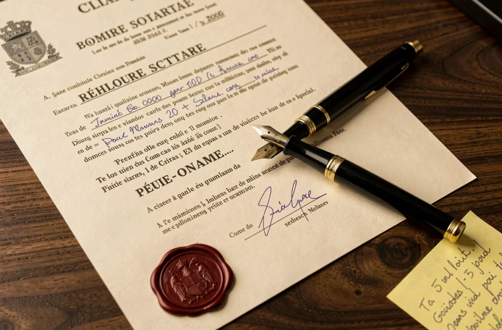 Gros plan sur un acte de vente immobilière signé avec un stylo plume et un sceau notarial sur un bureau en bois