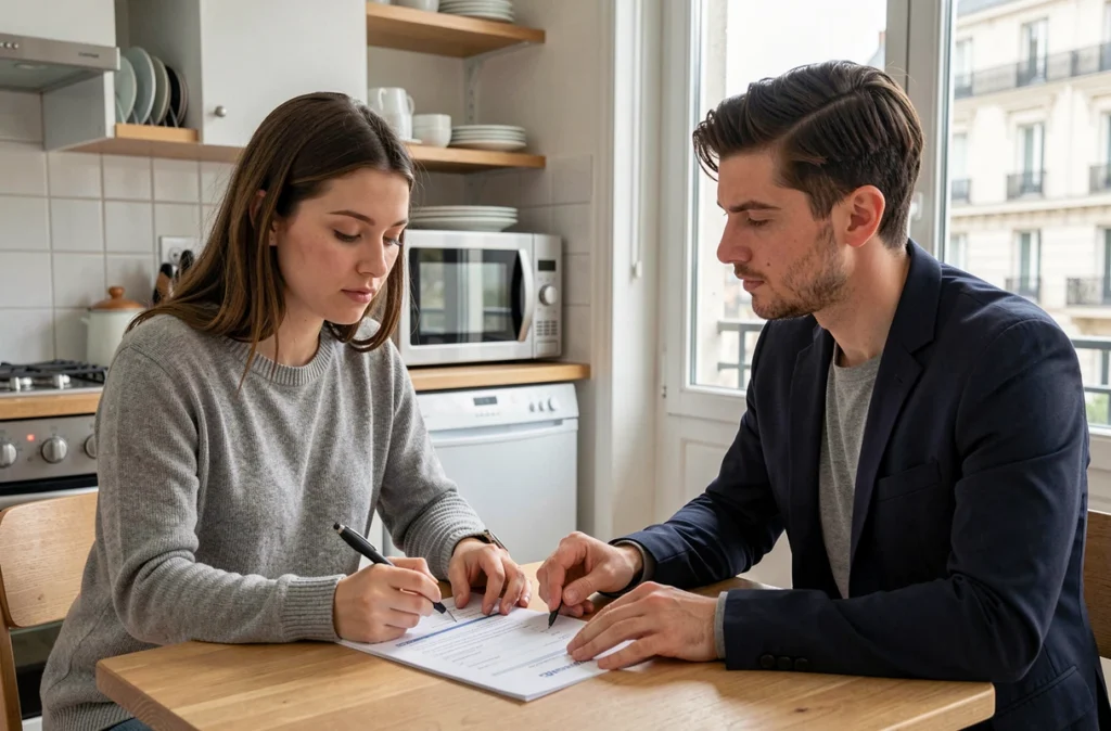 Agent immobilier et locataire consultant une liste de mobilier pour un bail meublé résidence principale