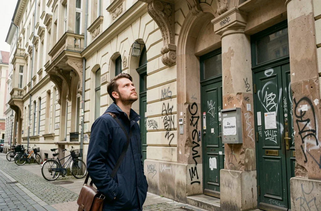 Homme examinant une annonce de location suspecte sur un immeuble Altbau à Berlin