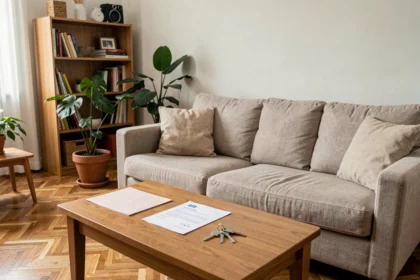 Appartement meublé prêt pour une location longue durée avec contrat de bail et clés posés sur la table basse