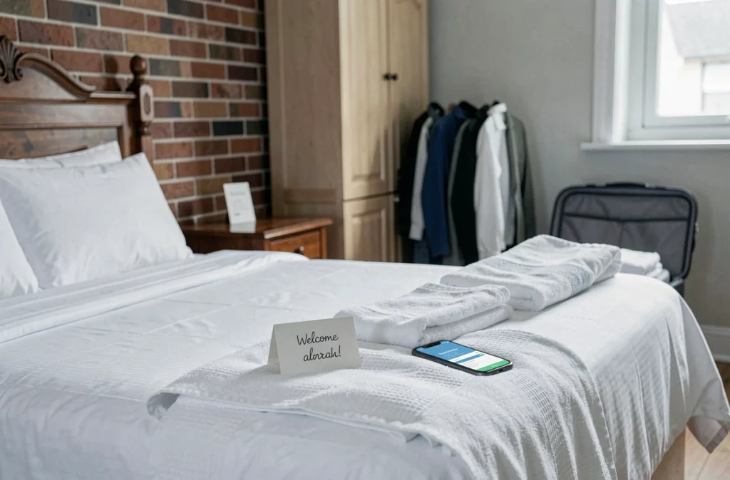 Chambre de location Airbnb avec literie blanche, carte de bienvenue et confirmation de réservation sur smartphone
