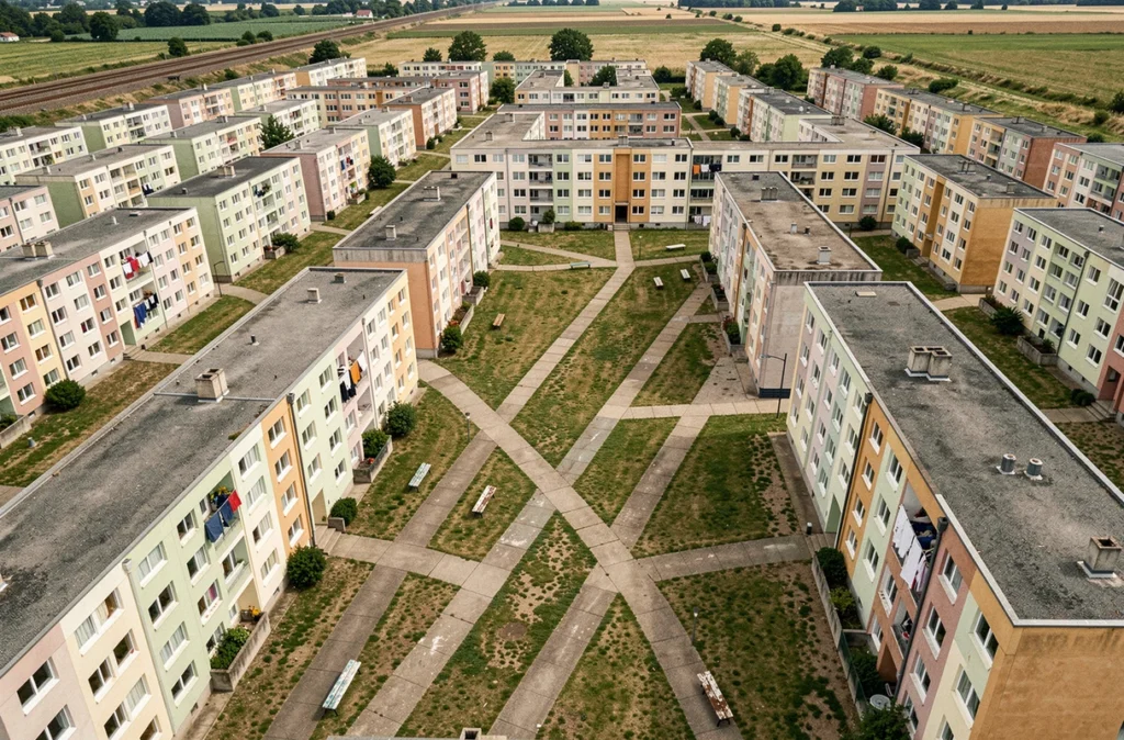 Vue aérienne d'une cité HLM de Blois avec des bâtiments répétitifs et une cour centrale dégradée