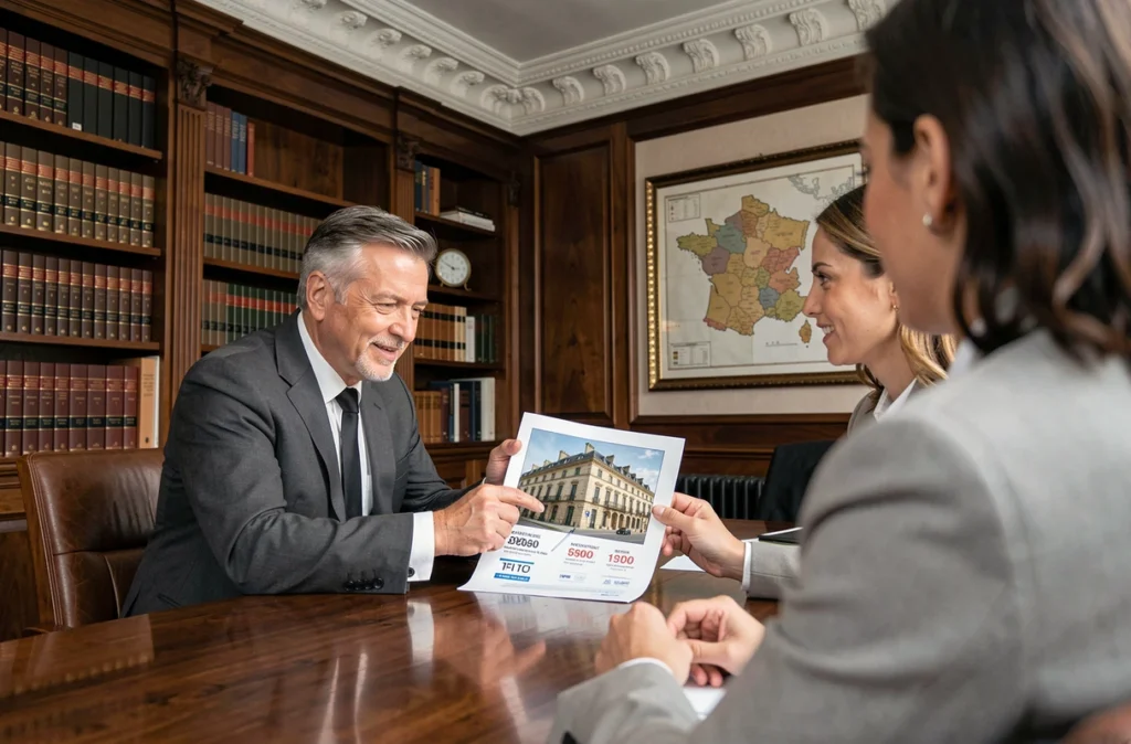 Conseiller financier présentant un dispositif de défiscalisation monument historique à des investisseurs dans un bureau parisien