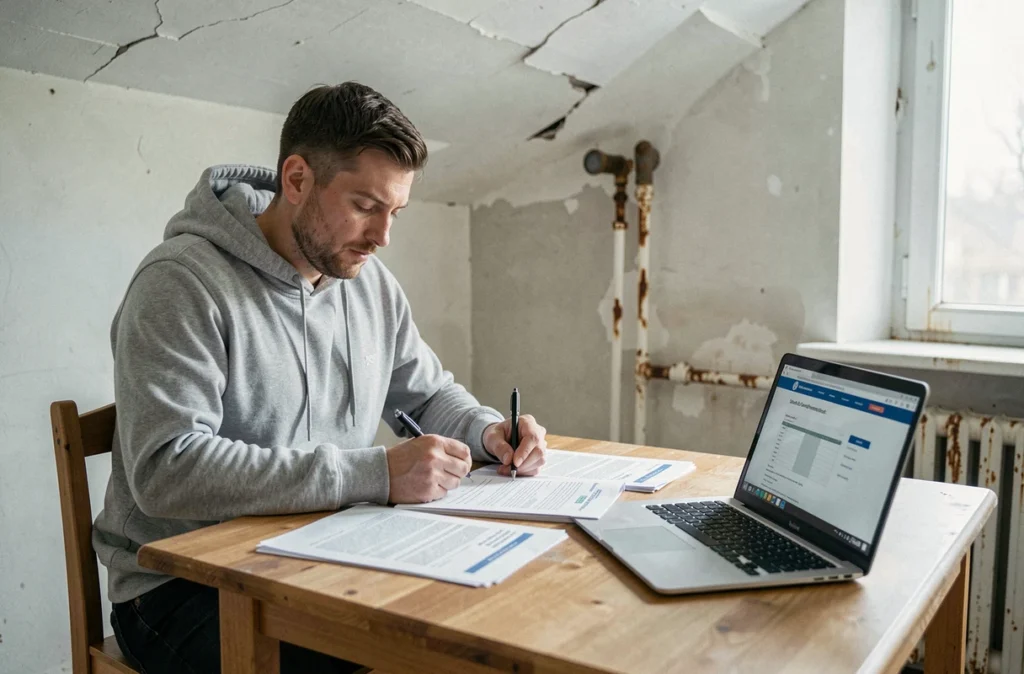 Locataire remplissant un dossier de consignation de loyer à son domicile pour contraindre son propriétaire à effectuer des réparations urgentes