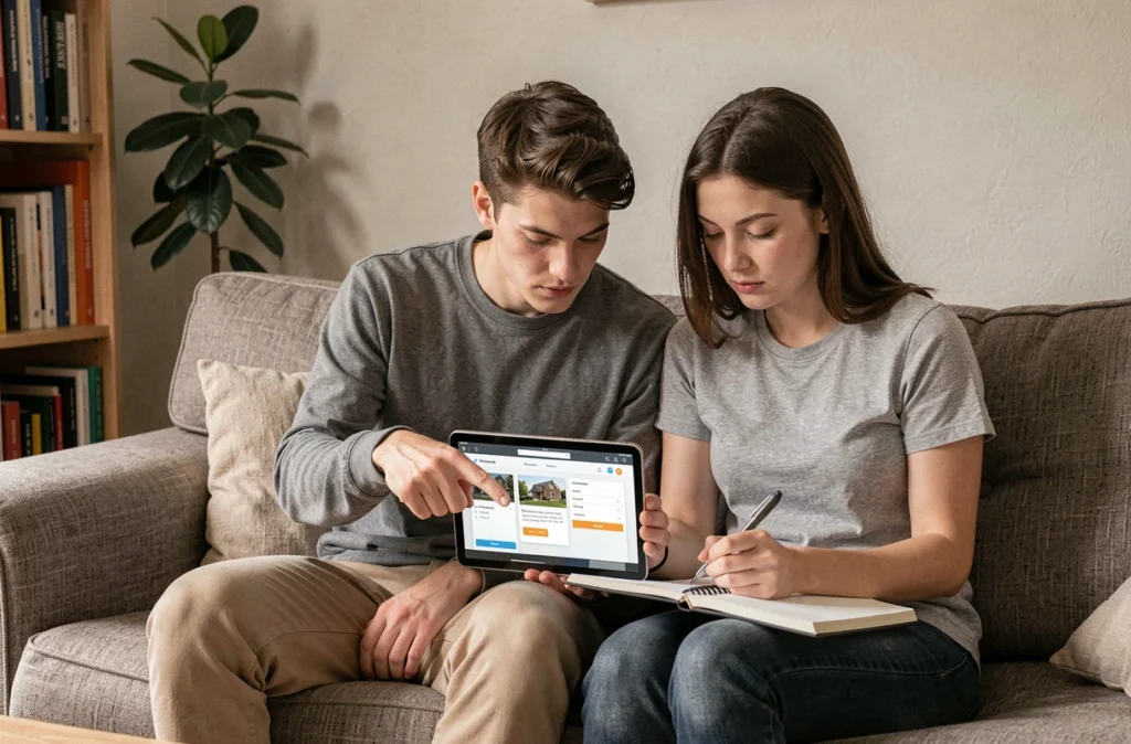 Jeune couple consultant un portail de demande de logement social sur tablette chez eux