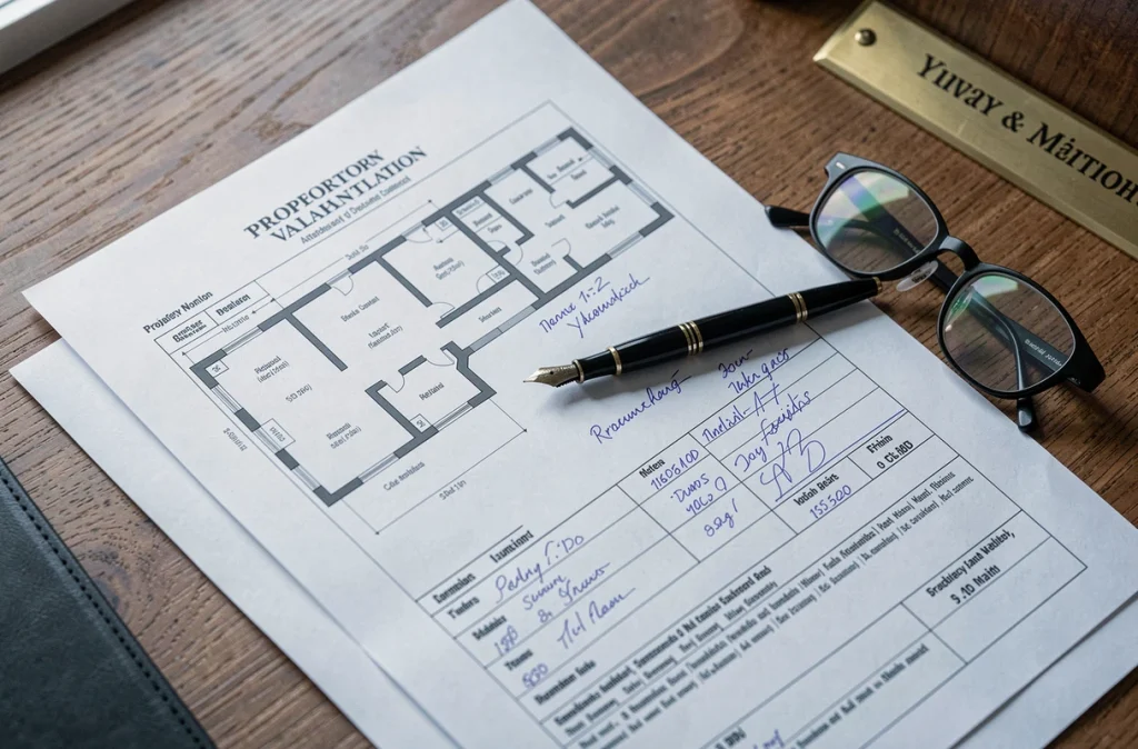 Documents d'estimation immobilière notariale avec plans et annotations manuscrites sur bureau en bois de notaire