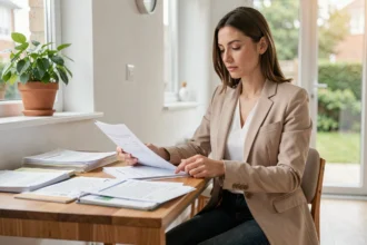 Femme préparant un dossier de location avec documents administratifs dans un appartement avec vue sur jardin