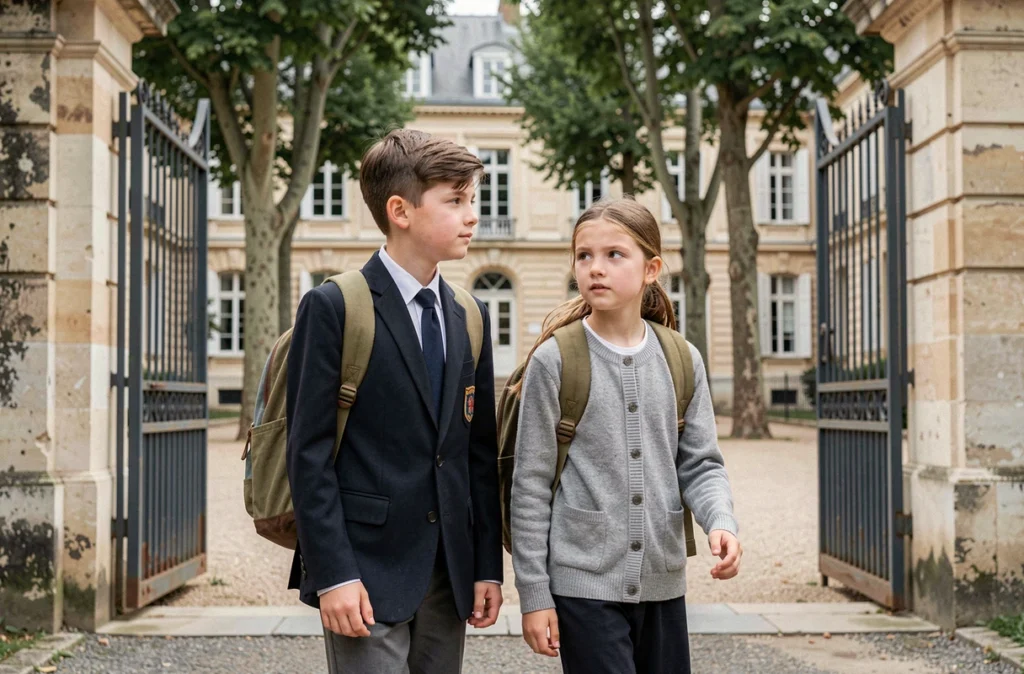 Deux enfants d'une famille recomposée entrant dans une école à Versailles, cartables sur le dos devant une cour en pierre