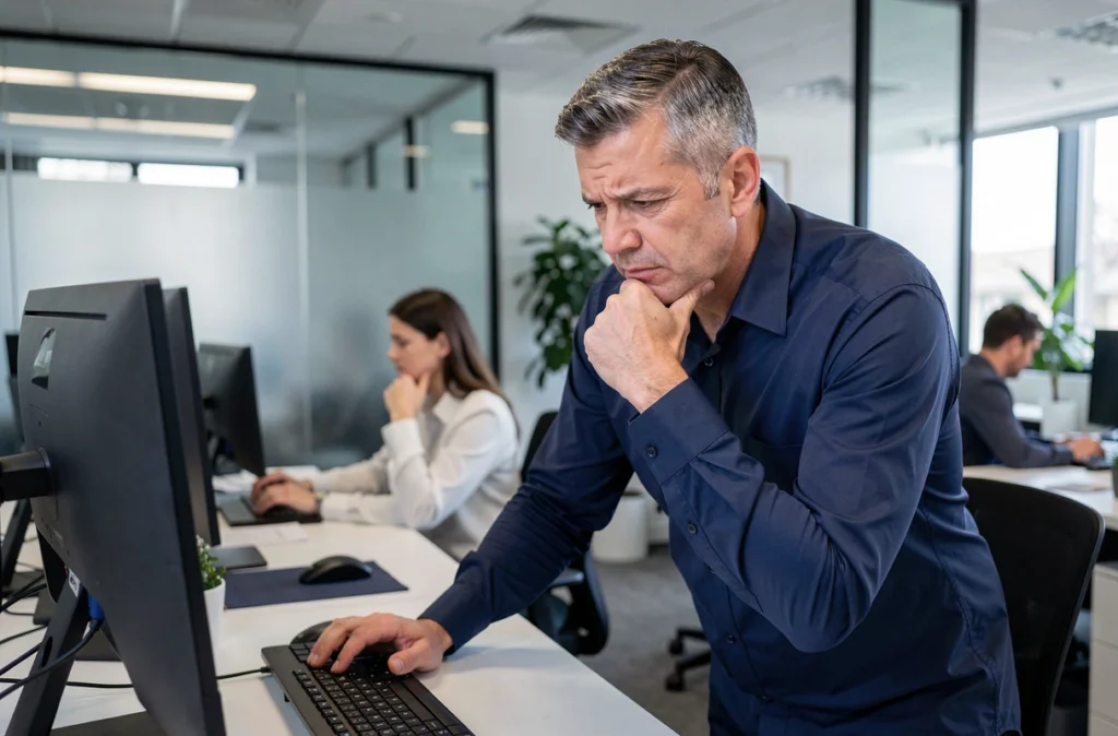 Homme d'affaires en train de faire une erreur lors de sa première utilisation d'une interface d'intelligence artificielle au bureau