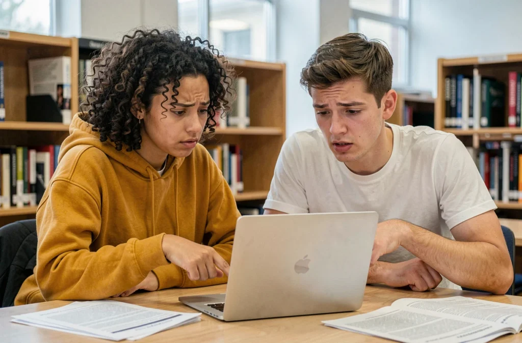 Deux étudiants découvrant ensemble les erreurs fréquentes lors de la première connexion à un outil d'IA dans une bibliothèque universitaire