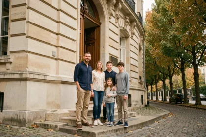 Famille recomposée devant un immeuble haussmannien à Versailles, parents et enfants souriants sur les marches d'entrée