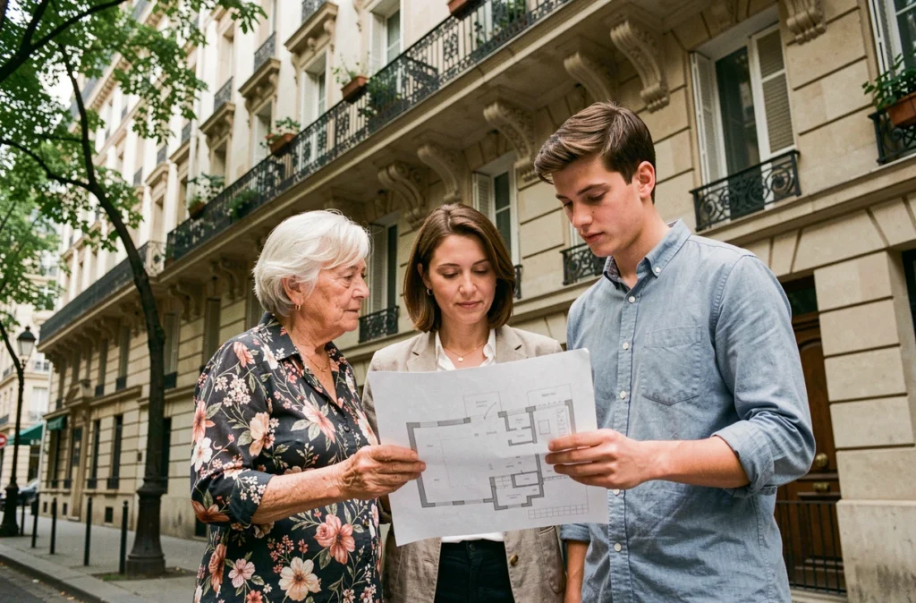 Une famille de trois générations devant un immeuble haussmannien parisien discutant d'une stratégie de transmission immobilière