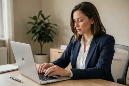 Femme professionnelle consultant ses messages et notifications sur un espace client en ligne depuis un bureau à domicile