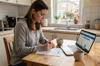 Femme remplissant un dossier de demande de logement social à la maison avec un ordinateur portable