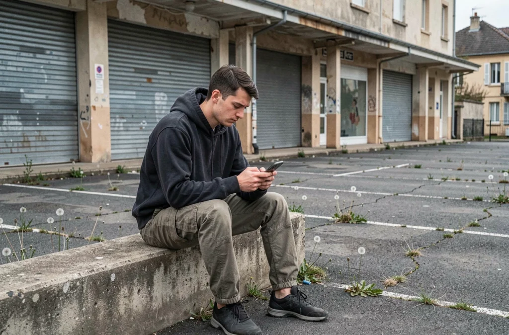 Homme assis sur un muret devant une galerie commerciale fermée dans un quartier défavorisé de Blois