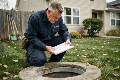 Technicien inspectant une fosse septique non conforme dans le jardin d'une maison individuelle