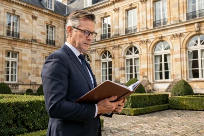Investisseur en costume devant un château historique français, tenant des documents de défiscalisation