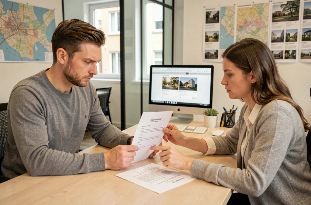 Couple lisant attentivement un contrat de location avec un agent immobilier à Berlin