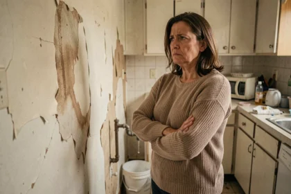 Locataire frustrée face à des dégradations non réparées dans son appartement, symbolisant le refus de travaux essentiels par un propriétaire