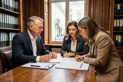 Notaire expliquant une estimation immobilière à un couple dans un bureau traditionnel avec documents officiels sur la table