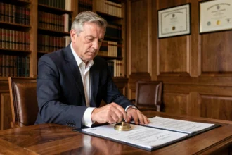 Notaire apposant son sceau officiel sur un acte de vente immobilière dans son étude