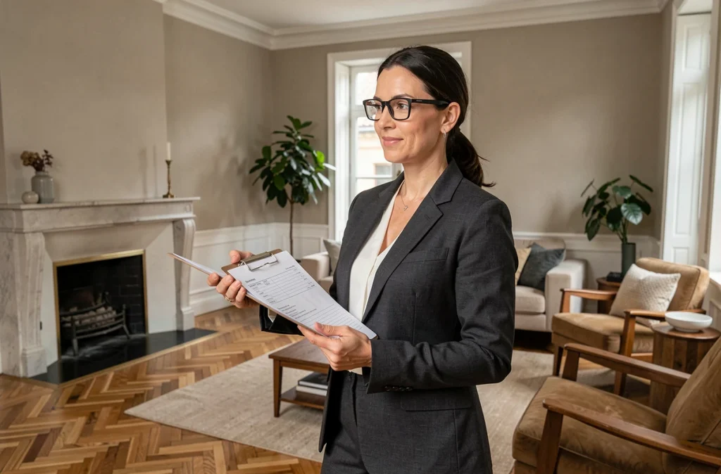 Notaire femme réalisant une visite d'estimation immobilière dans le salon d'une maison avec clipboard de notes