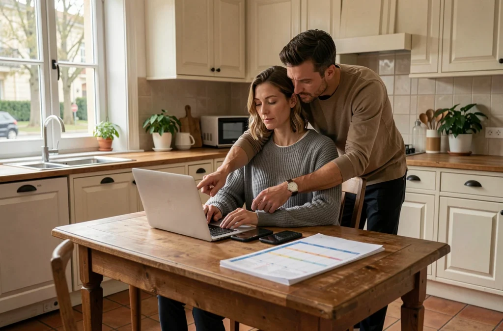 Parents d'une famille recomposée organisant le planning familial autour d'une table de cuisine dans un appartement à Versailles