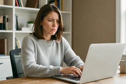 Femme confuse devant son ordinateur portable lors de sa première connexion à un outil d'IA, illustrant les erreurs courantes à éviter