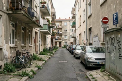Rue résidentielle dégradée dans un quartier périphérique de Blois avec des immeubles années 70 et des façades abîmées