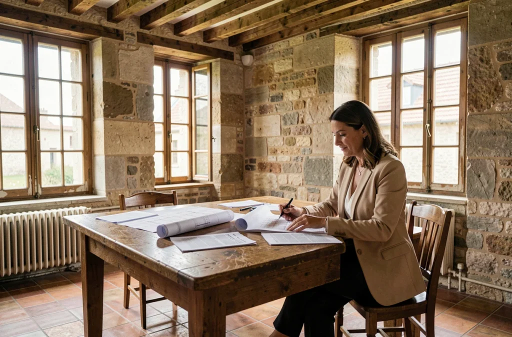 Femme professionnelle étudiant des plans de restauration dans un manoir historique classé