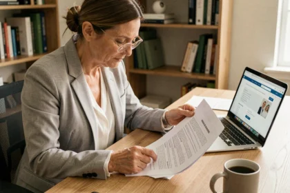 Femme consultant une simulation de prêt immobilier CASDEN sur son bureau à domicile