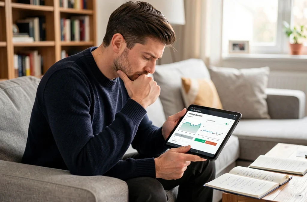 Homme utilisant une tablette pour simuler un prêt immobilier CASDEN depuis son domicile