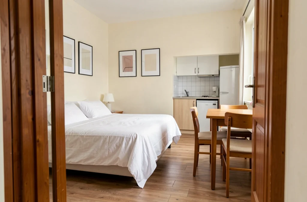 Intérieur d'un studio meublé prêt à la location illustrant le dispositif LMNP et ses avantages fiscaux