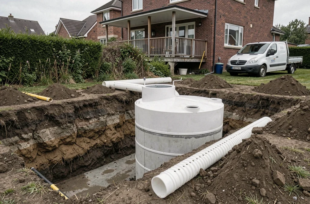 Installation d'une nouvelle fosse septique conforme en cours de travaux dans un jardin résidentiel