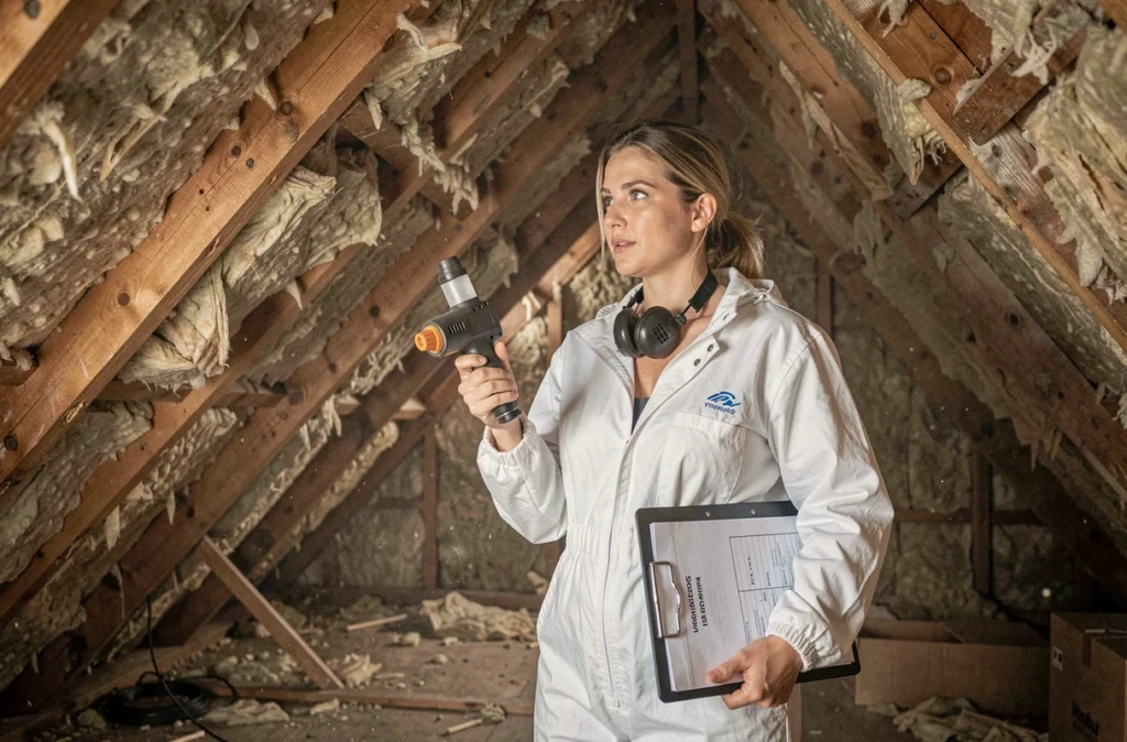 Diagnosticienne d'AC Environnement réalisant un prélèvement d'amiante dans les combles d'un bâtiment