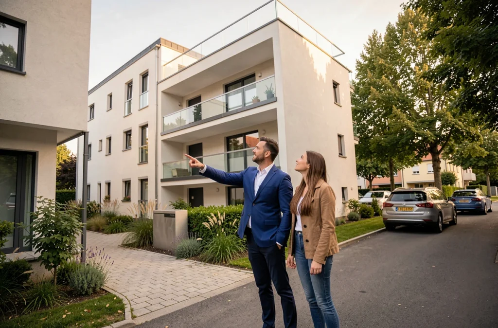 Agent d'Accord Immobilier accompagnant un couple devant un immeuble résidentiel moderne dans les Yvelines