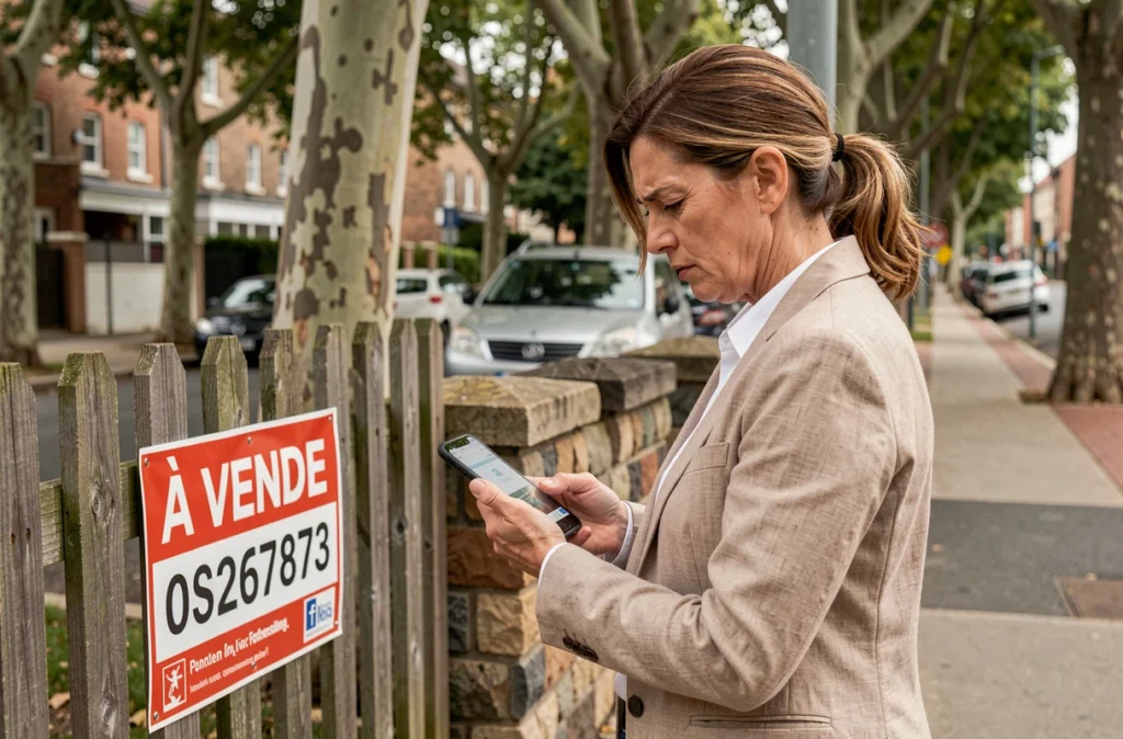 Femme devant un panneau immobilier illisible tentant de lire les informations d'une maison à vendre