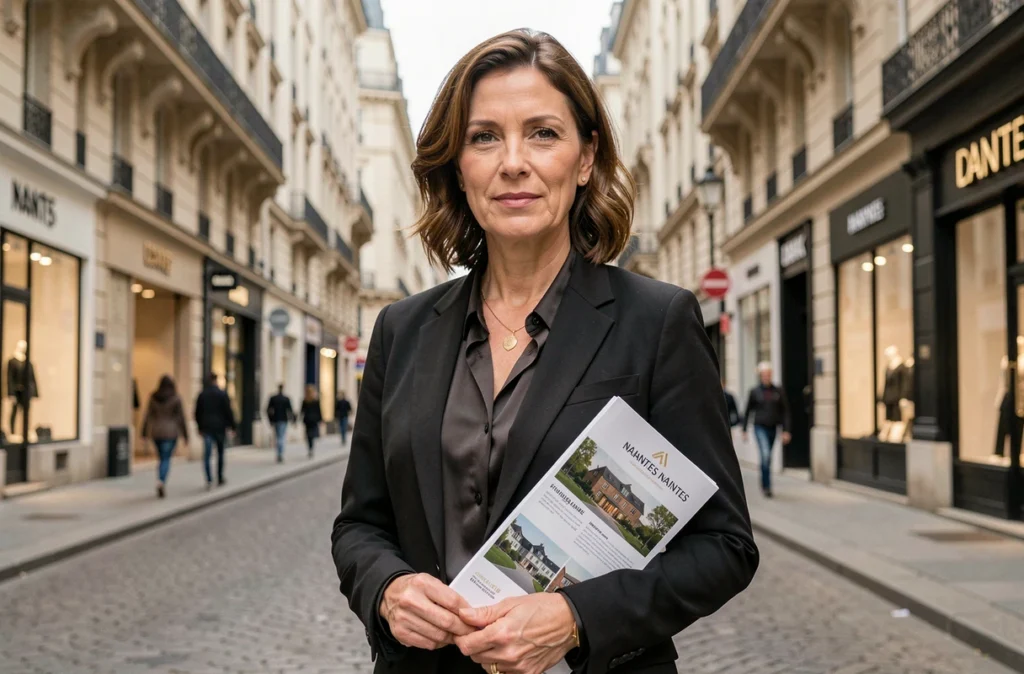 Agente de L'Adresse Nantes Centre devant une rue commerçante du centre-ville avec immeubles haussmanniens en arrière-plan