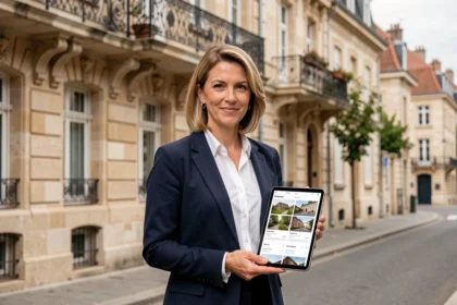 Agent immobilier professionnelle devant une façade en pierre typique de Loire-Atlantique, illustrant le marché immobilier nantais