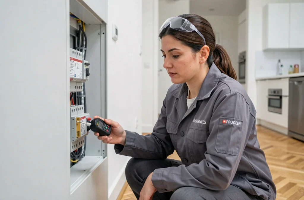 Technicienne d'Aléa Contrôles réalisant un diagnostic électrique dans un appartement rénové