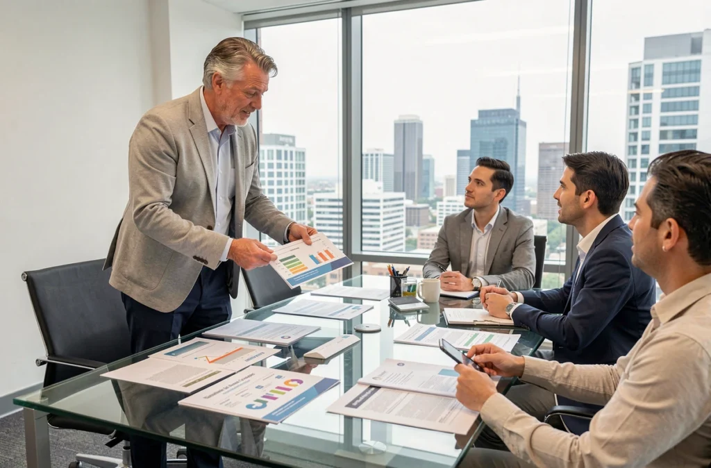 Expert d'Arliane Diagnostic Immobilier présentant un dossier de diagnostic complet à des clients dans une salle de réunion moderne