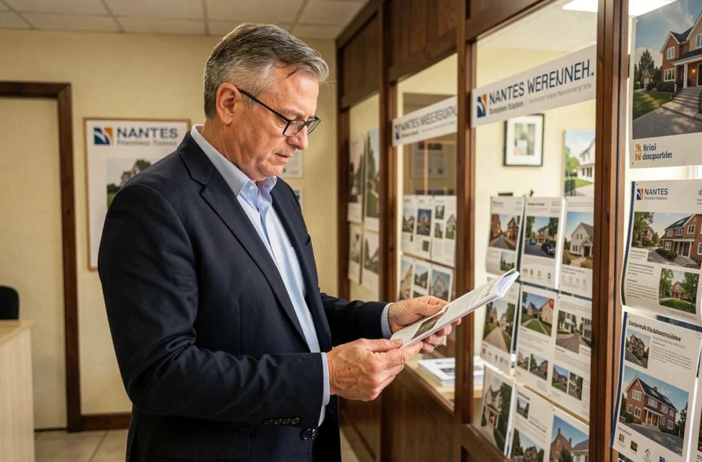 Agent senior de Blot Immobilier Nantes consultant un dossier de propriété devant les vitrines d'annonces de l'agence