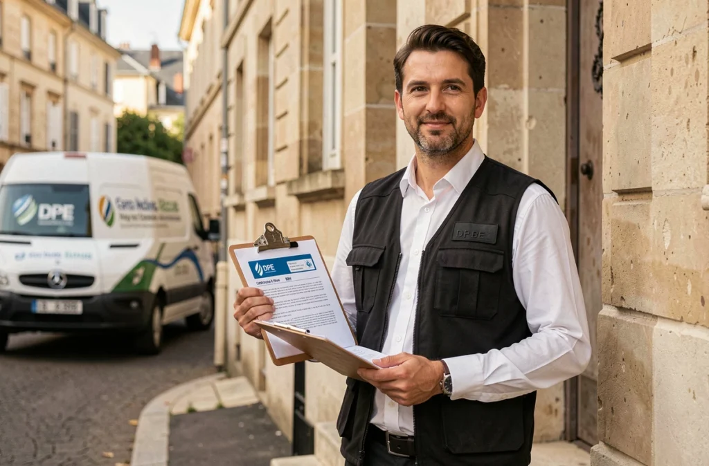 Julien Boisseau, diagnostiqueur du réseau BC2E, devant une maison de ville à Rennes avec équipement de diagnostic