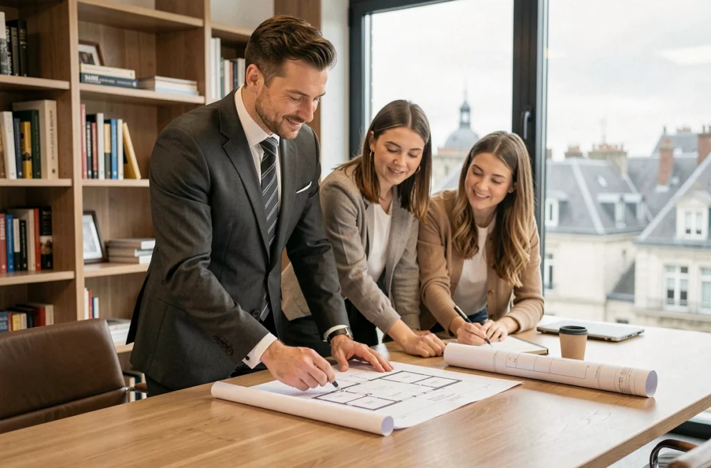 Agent de BRAS Immobilier Nantes présentant des plans de propriété à des clients dans un bureau moderne avec vue sur la ville