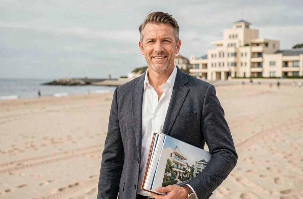 Agent Century 21 La Baule sur l'esplanade avec la plage de sable et les villas Art Déco en arrière-plan flou