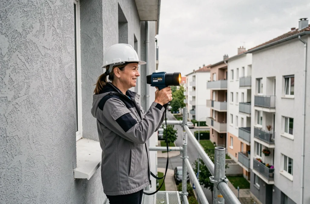Auditrice de Cinea réalisant une inspection thermique d'un immeuble résidentiel avec une caméra infrarouge