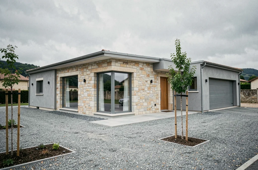 Maison contemporaine plain-pied réalisée par Concept Constructions en Corrèze avec grandes baies vitrées