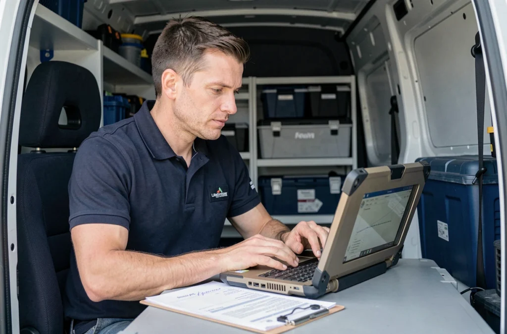 Technicien de Connect Solution saisissant des données de diagnostic immobilier depuis son véhicule professionnel