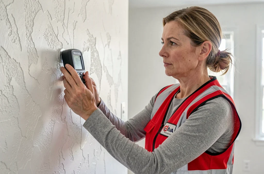 Diagnostiqueure de Costea mesurant l'humidité d'un mur intérieur lors d'un diagnostic immobilier